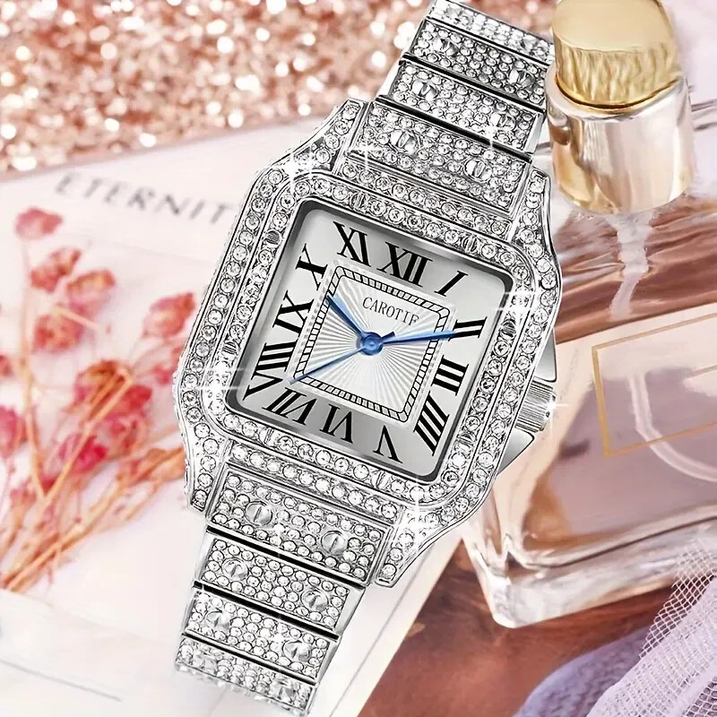 Luxury Rhinestone Quartz Women Sophisticated Iced Watch Square Accessory Elegant