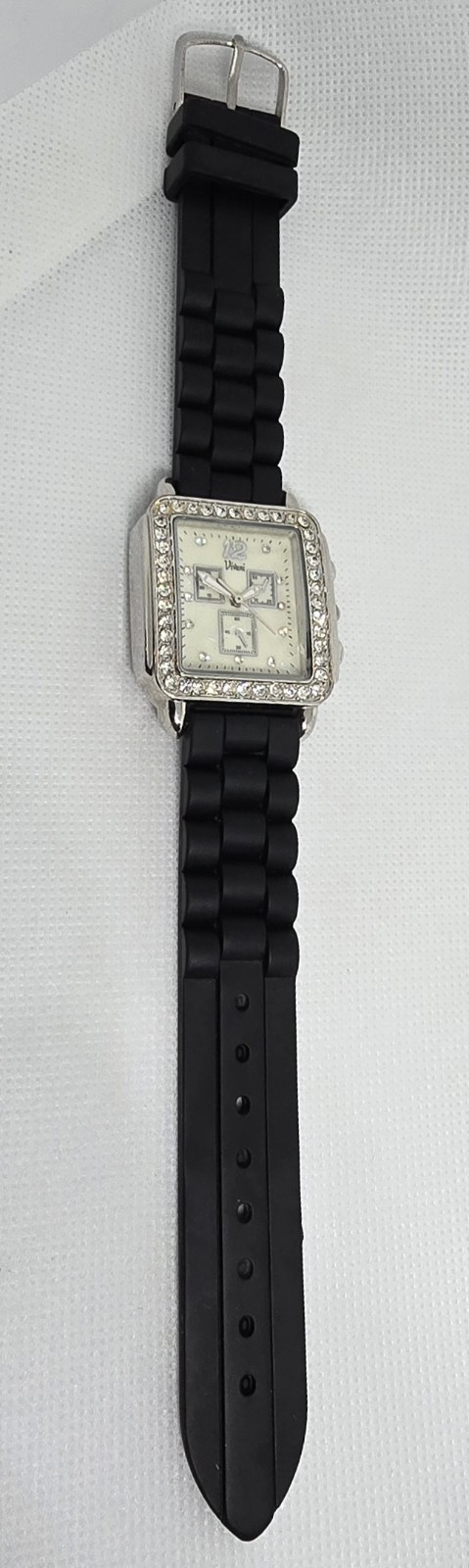 Women’s Vivani Rectangle Silver Tone Rhinestones Black Silicone Strap Watch 12