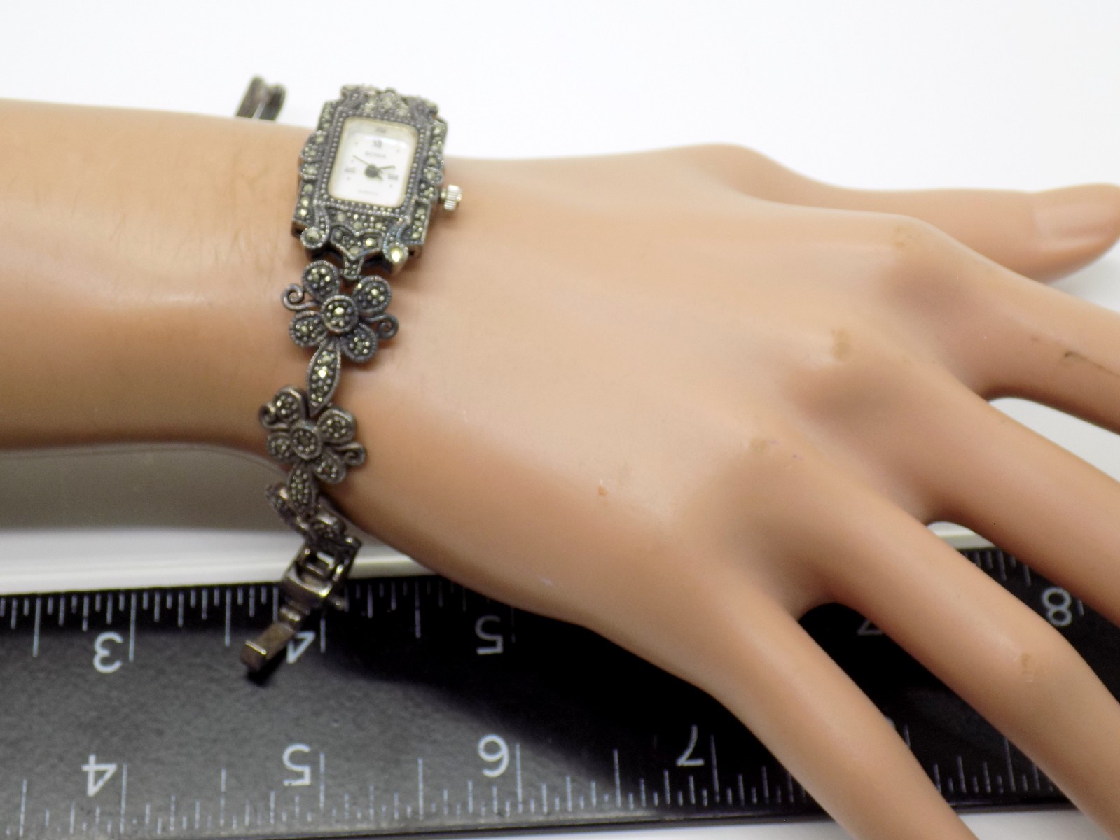 Boma Marcasite Quartz Watch and Bracelet Sterling Silver Vintage Set
