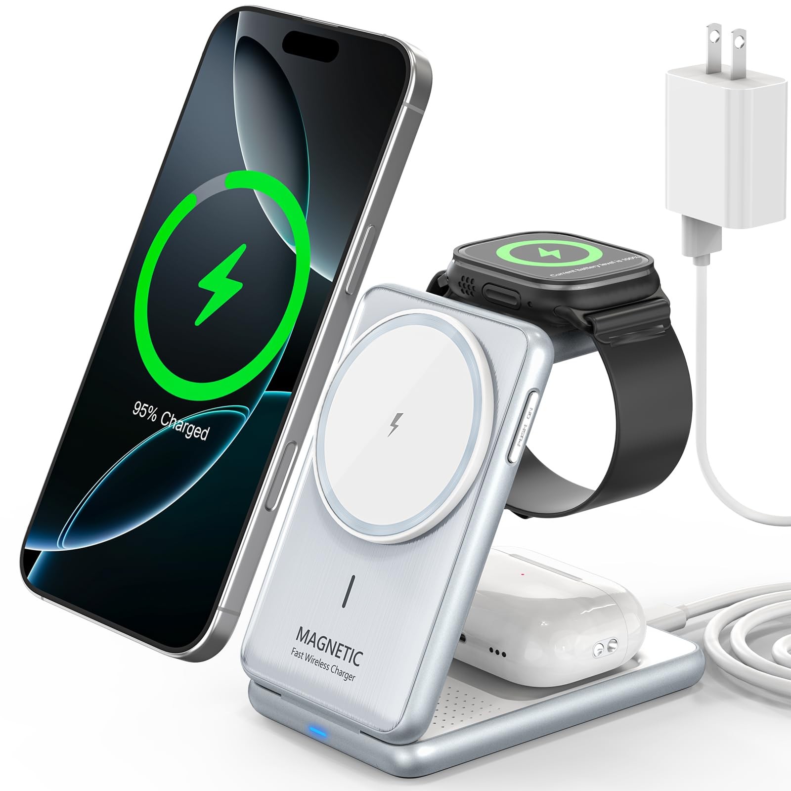 3-in-1 Magnetic Wireless Charger Travel iPhone 16 15 14 Apple Watch Ultra