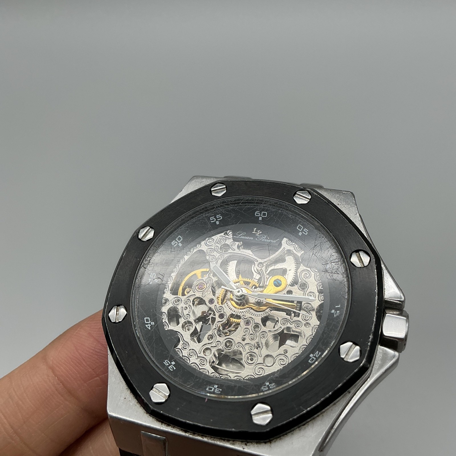 Lucien Piccard LP-28501 Mens Watch 46mm Skeleton Silver Black Rubber Automatic
