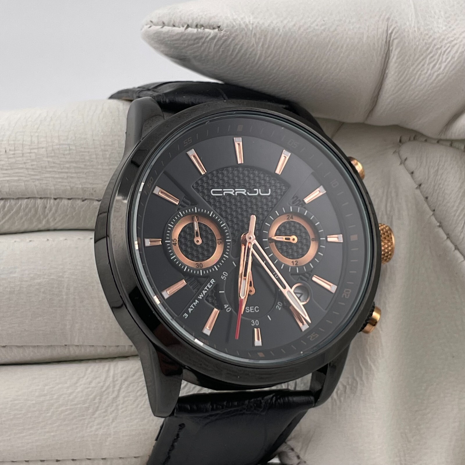 CRRJU Watch Mens Chronograph 24H Date 43mm Case Black Leather Band Quartz