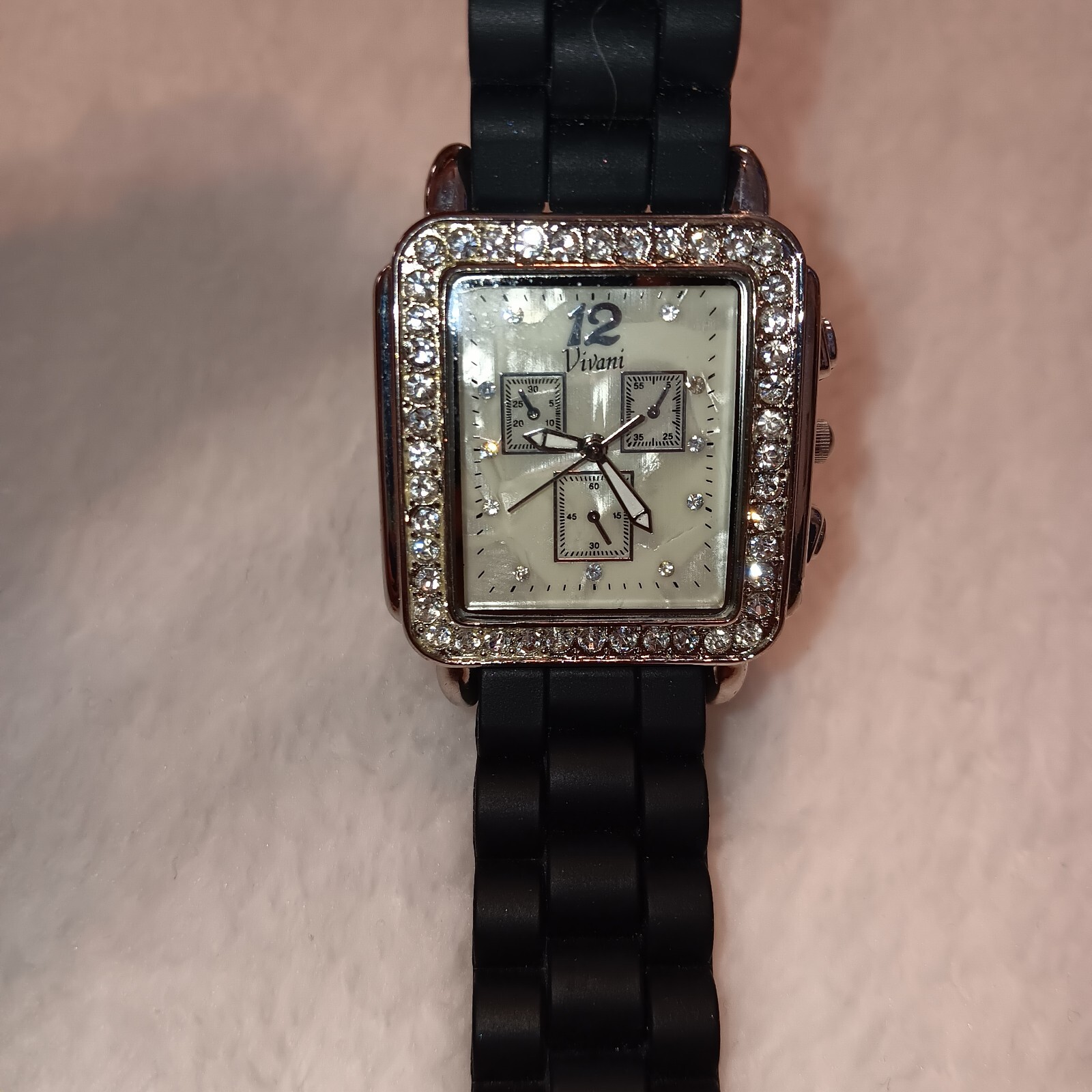 Vivani Accutime Ladies Watch Rhinestones Black Plastic Band, Needs Battery
