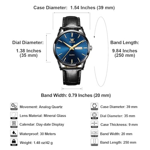 Men’s Casual Leather Watch, Easy to Read Three 05 Blue Face/Black Leather Band