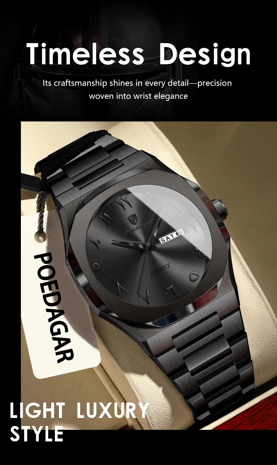 POEDAGAR Luxury Men’s Quartz Watch Arabic Numerals Day Date 3ATM Stainless Steel