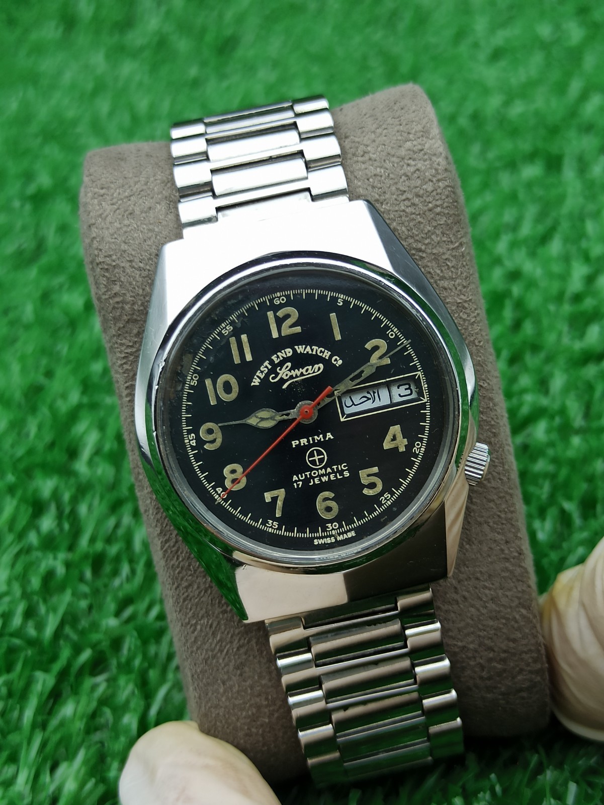 Vintage West End Watch Co Sowar Prima Automatic 17J Swiss Mens Black Dial Watch