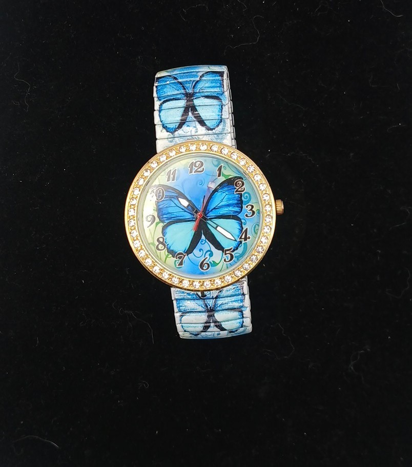 Butterfly Print Watch Rhinestone Bezel Blue Stretch Band Novelty Women’s Jewelry