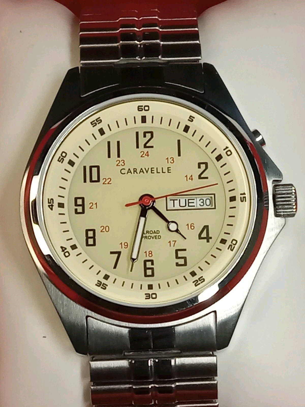 Caravelle by Bulova Railroad SS Expansion Cream Dial Men’s Quartz Watch 43C124