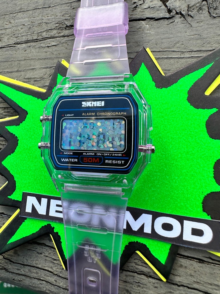 Purple Holo Watch – Rainbow Holographic Glitter Dots – Clear SKMEI Digital Watch