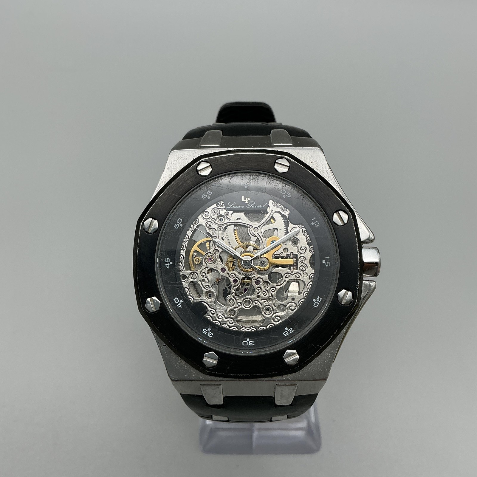 Lucien Piccard LP-28501 Mens Watch 46mm Skeleton Silver Black Rubber Automatic