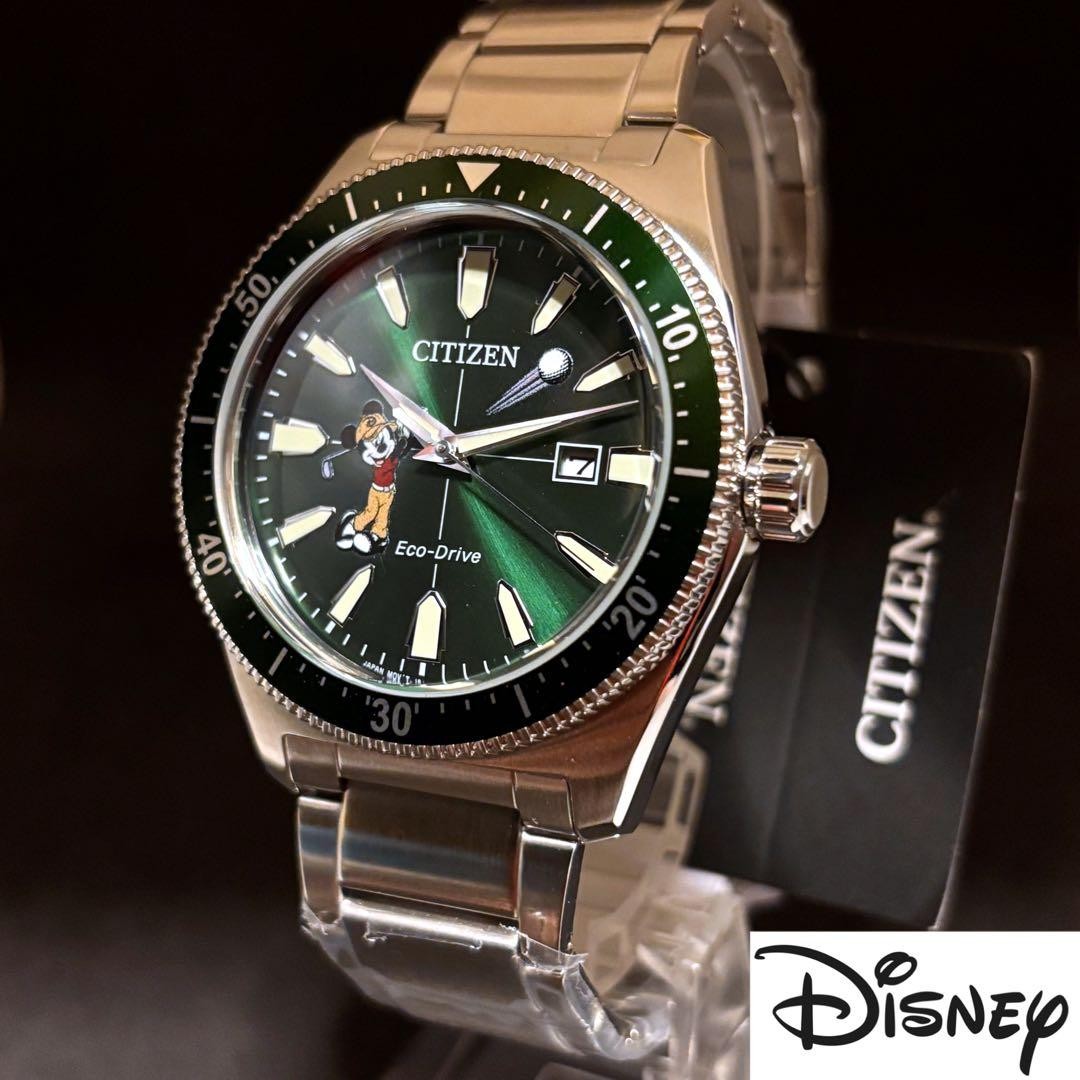 Citizen Eco Drive Mickey Disney Golf Mens Wristwatch Green Dial Silver Band Time