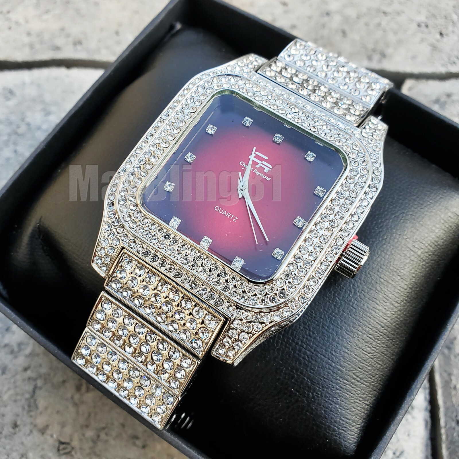Luxury Iced White Gold Plated Blue Green Red Dial Square Lab Diamond Metal Watch