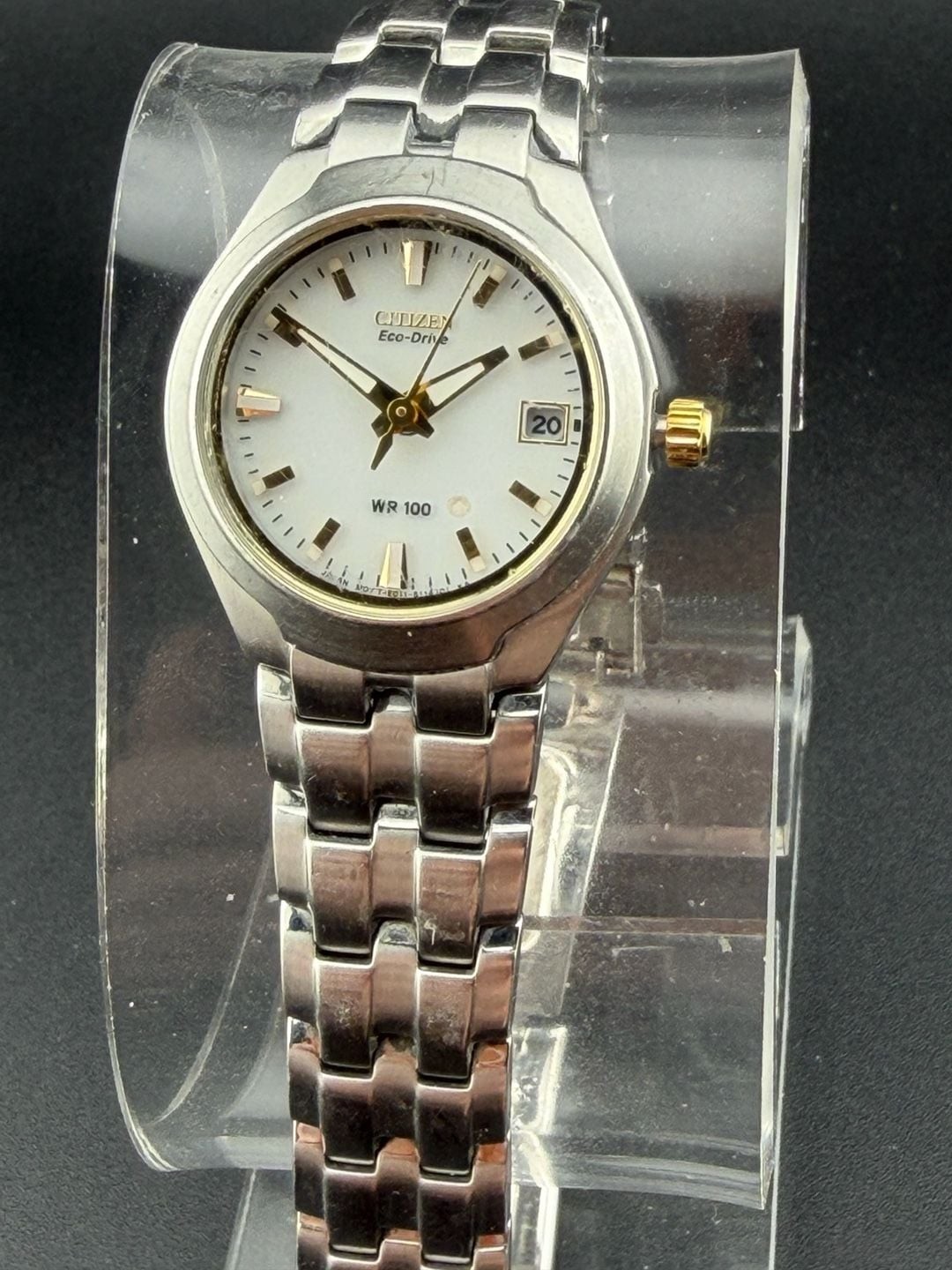Citizen Eco-Drive Womens White Dial Two-Tone Watch 10BAR Solar 25mm E011-S079012