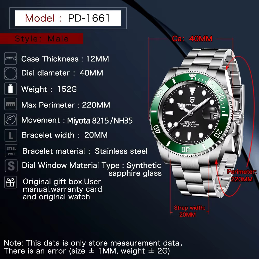 PAGANI DESIGN Men’s Automatic Watch Stainless Steel Sapphire Crystal 10Bar
