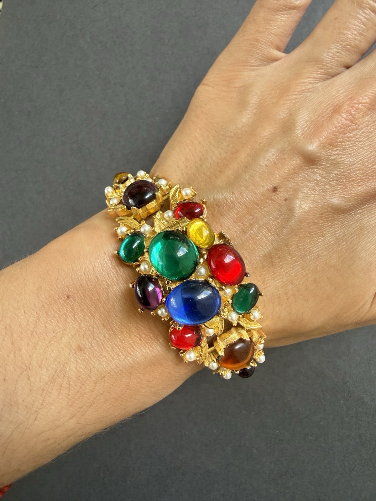 Vintage SPATS Flip Top Bracelet Watch Cabochon Faux Gems Pearls