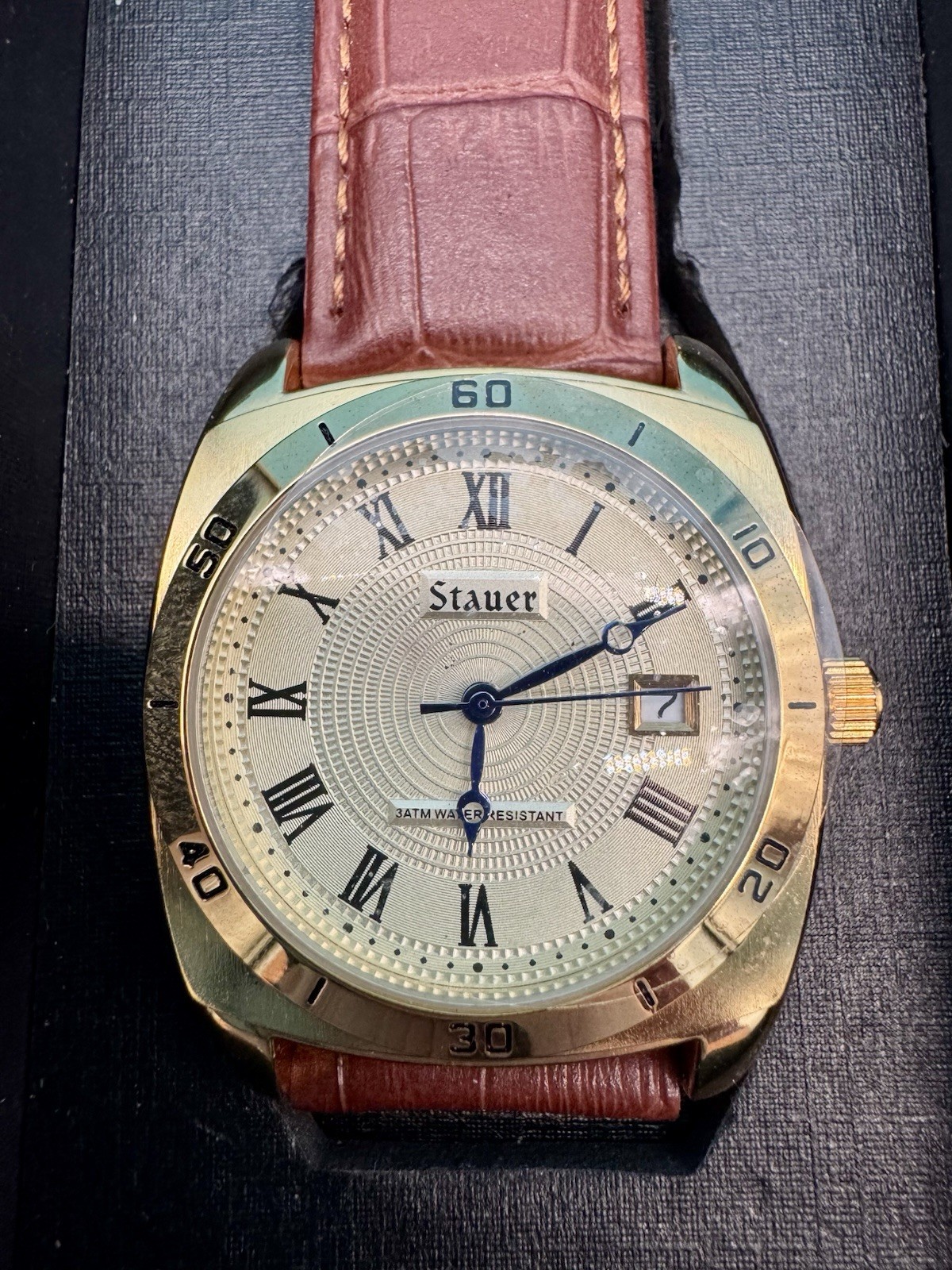 New STAUER Time-Master Piezo Mens Gold Tone Wrist Watch – Brown Leather Band