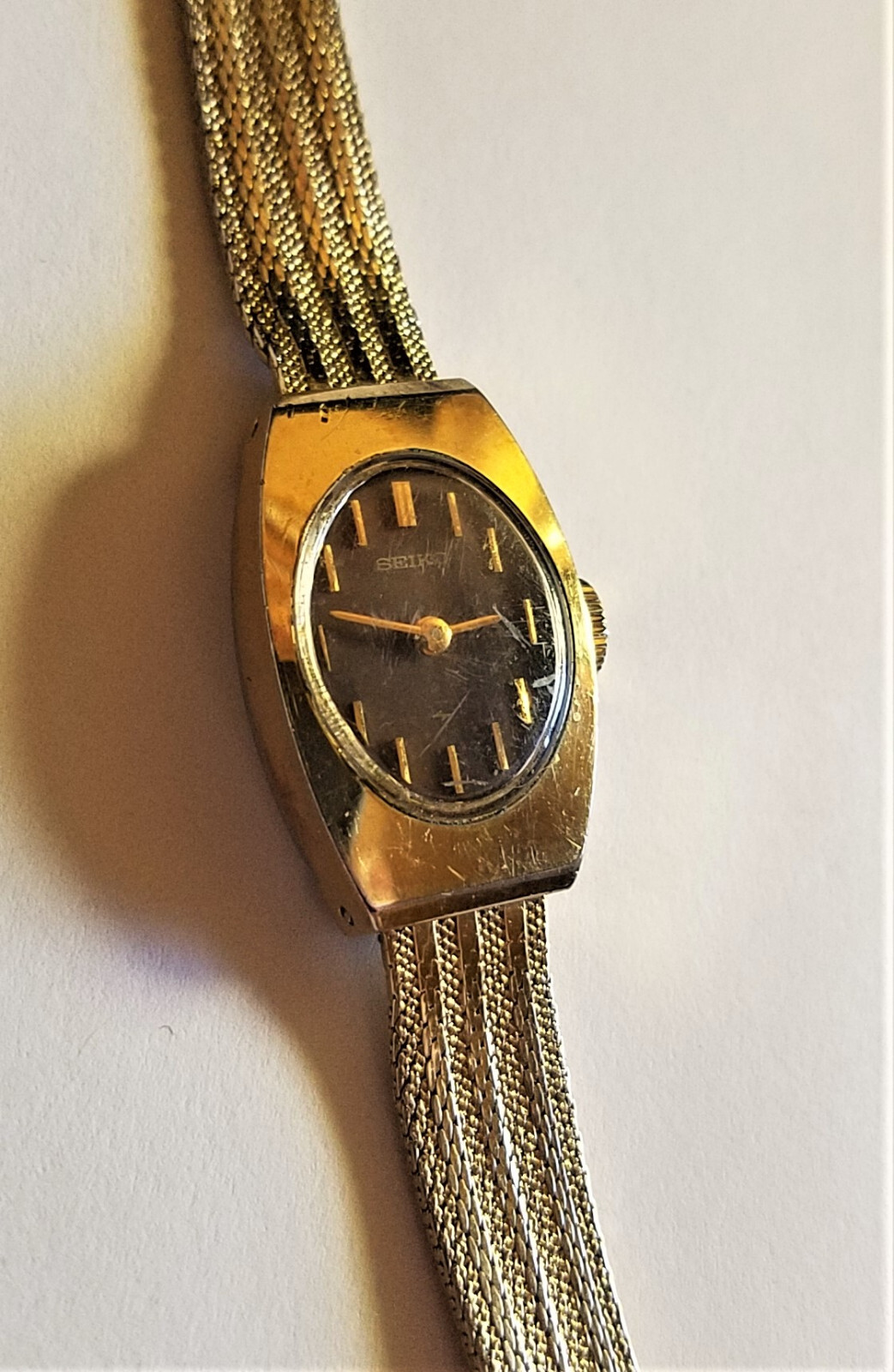 Seiko Womens 11-7039 Watch Wind Up Gold Tone Band Case Brown Dial Mechanical