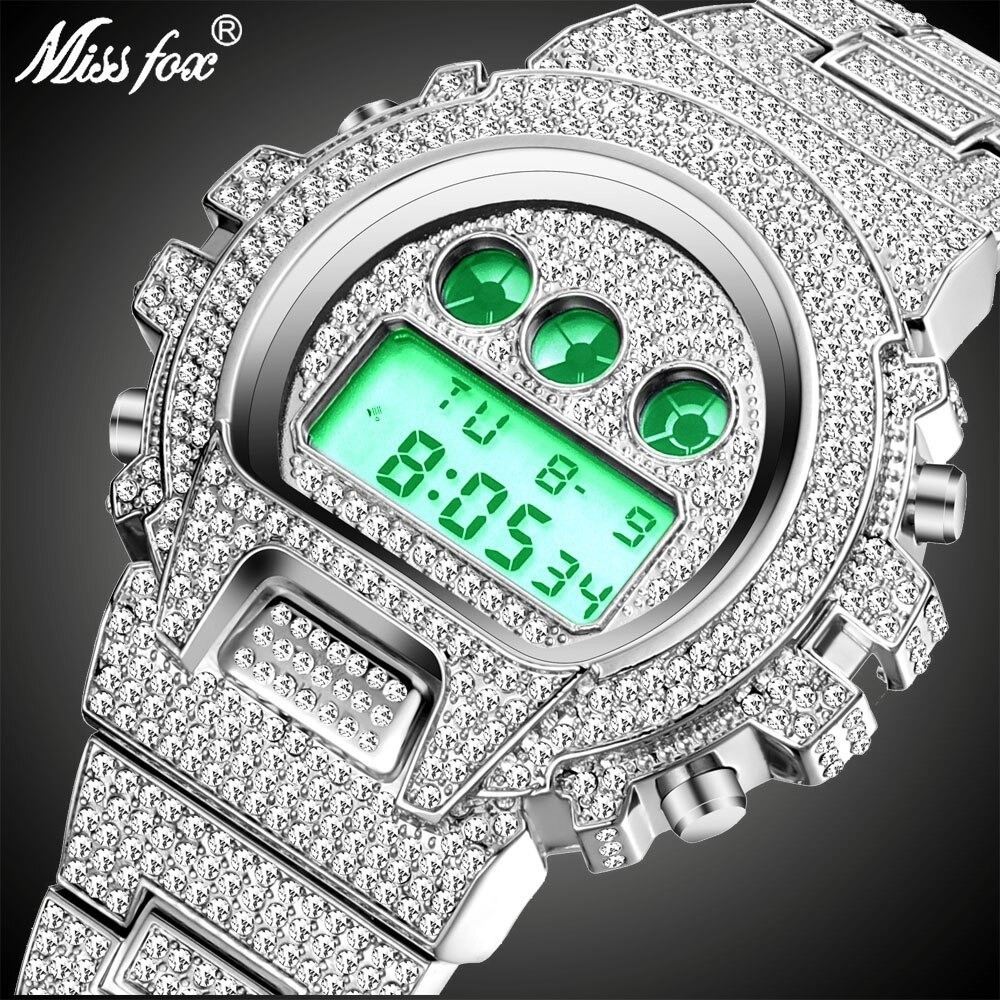 18K Gold IPS Plated LED Digital Hip Hop Bling Ice out Mens Watch Iced Cz Diamond