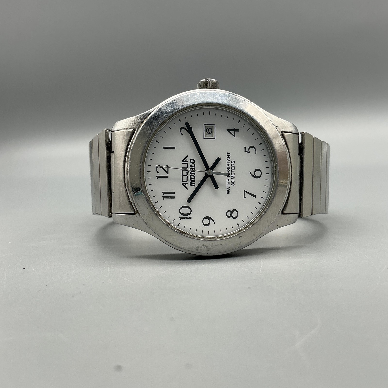 Acqua Mens Watch 35mm White Indiglo Dial Date Expansion Band New Battery
