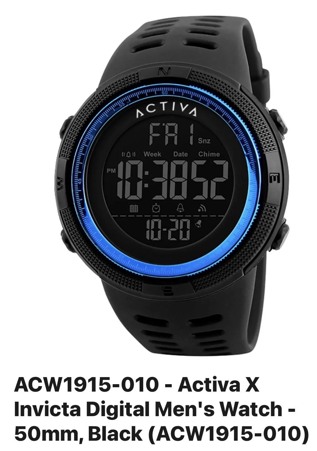 Activa X Invicta ACW1915-010 Mens Digital Essentials Watch 50mm Black Blue New