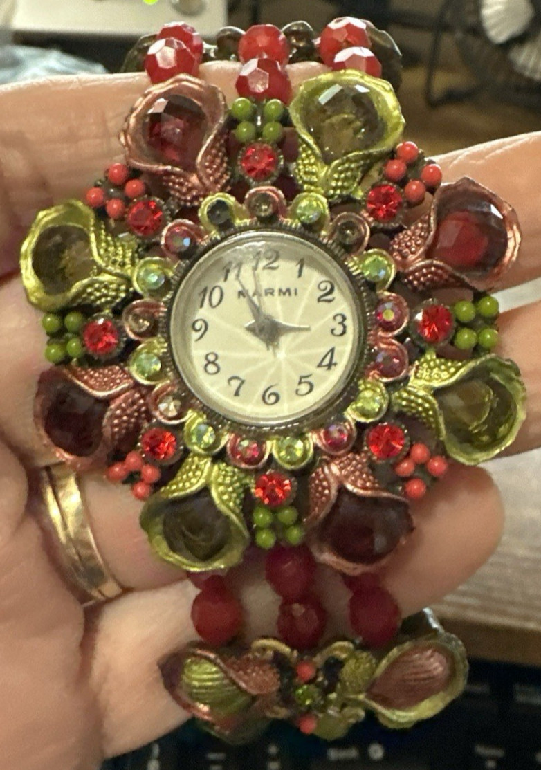 Vintage Style Narmi’s Red & Green Sparkly Beaded Japan Mgmt Stretch Band Watch