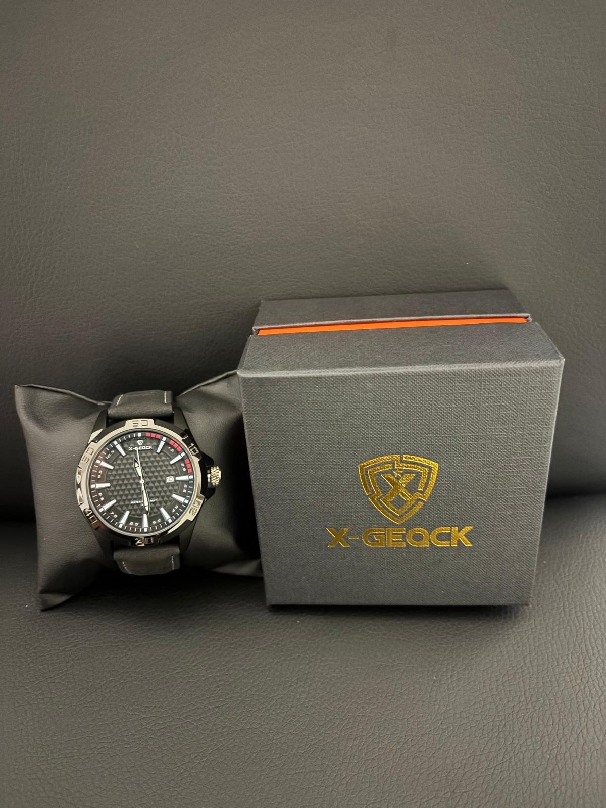 X-GEQCK Men’s Quartz Watch Black Genuine Leather Date Water Resistant 30M