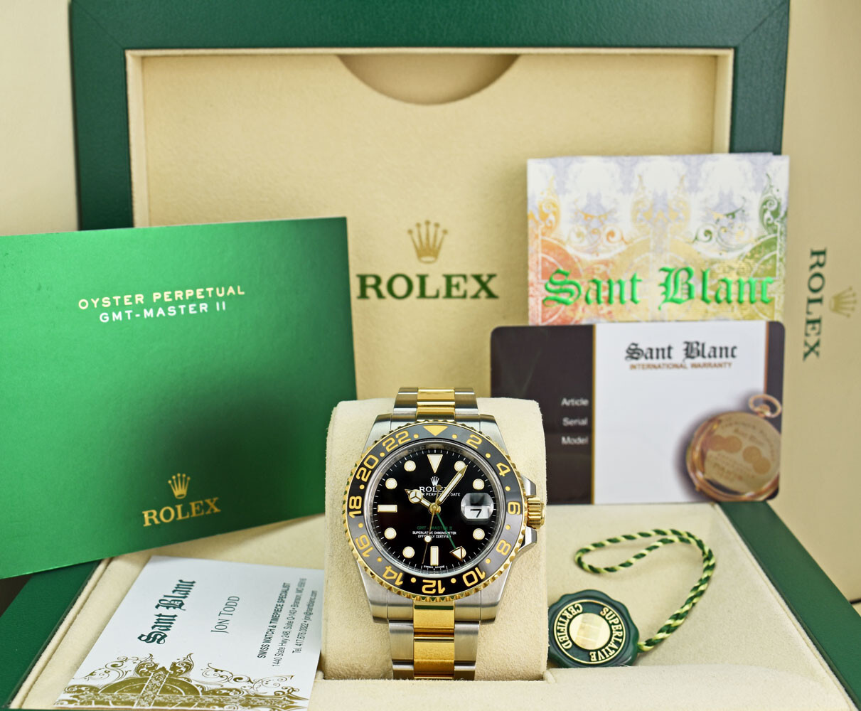 ROLEX 18kt Gold & Stainless Steel GMT Master II Black Dial 116713LN SANT BLANC
