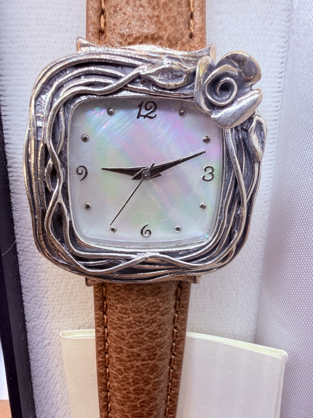 Or Paz Israel Silver Ladies Watch Brown Leather Strap Rose Mother of Pearl Face