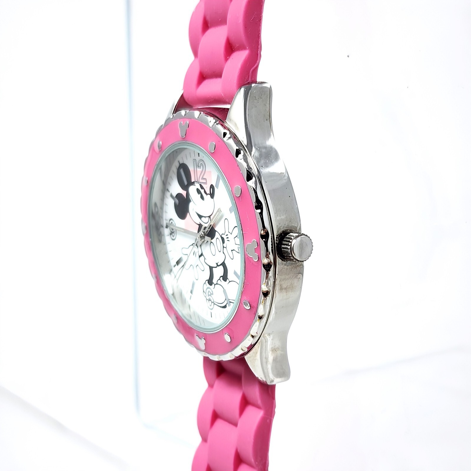 Disney Parks MICKEY MOUSE Adult Size PINK BAND Silver & Pink Case Watch Working