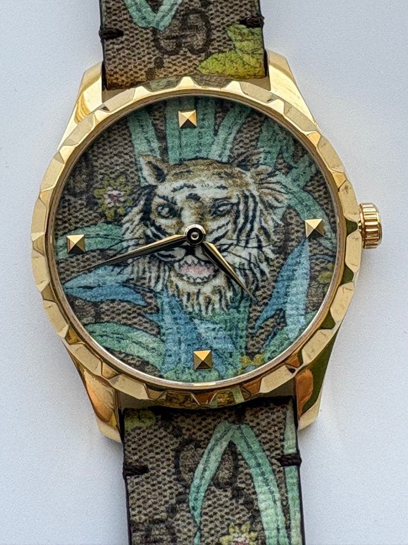 GUCCI 126.4 YA1264187 G Timeless Tiger Dial Quartz Watch GP Leather Working