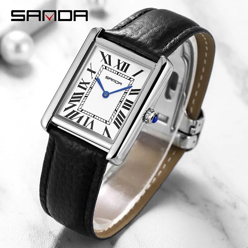 Men Women Quartz Watch Roman Numeral Dial Leather Band Stainless Steel Waterproo