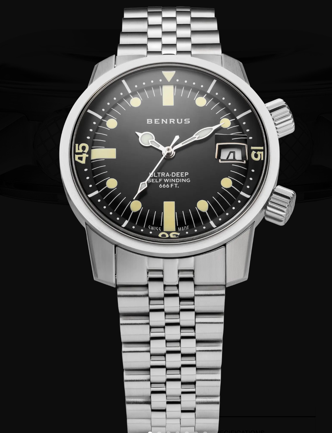 BENRUS Ultra-Deep 36.5mm Swiss Automatic Dive Watch Black Dial UD-SA-BK-SS