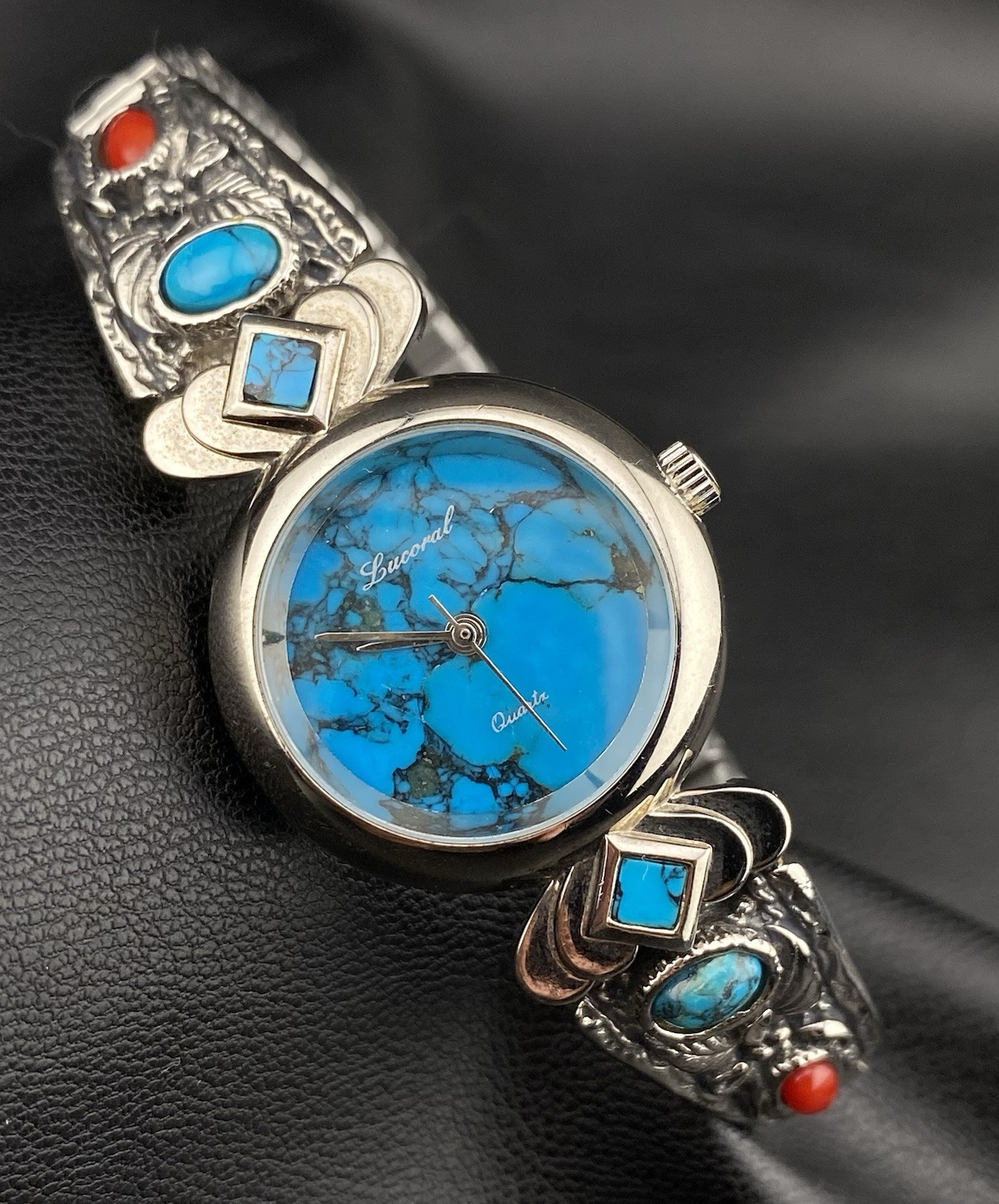 Vintage Lucoral Native American Turquoise Coral Sterling Silver Western Watch