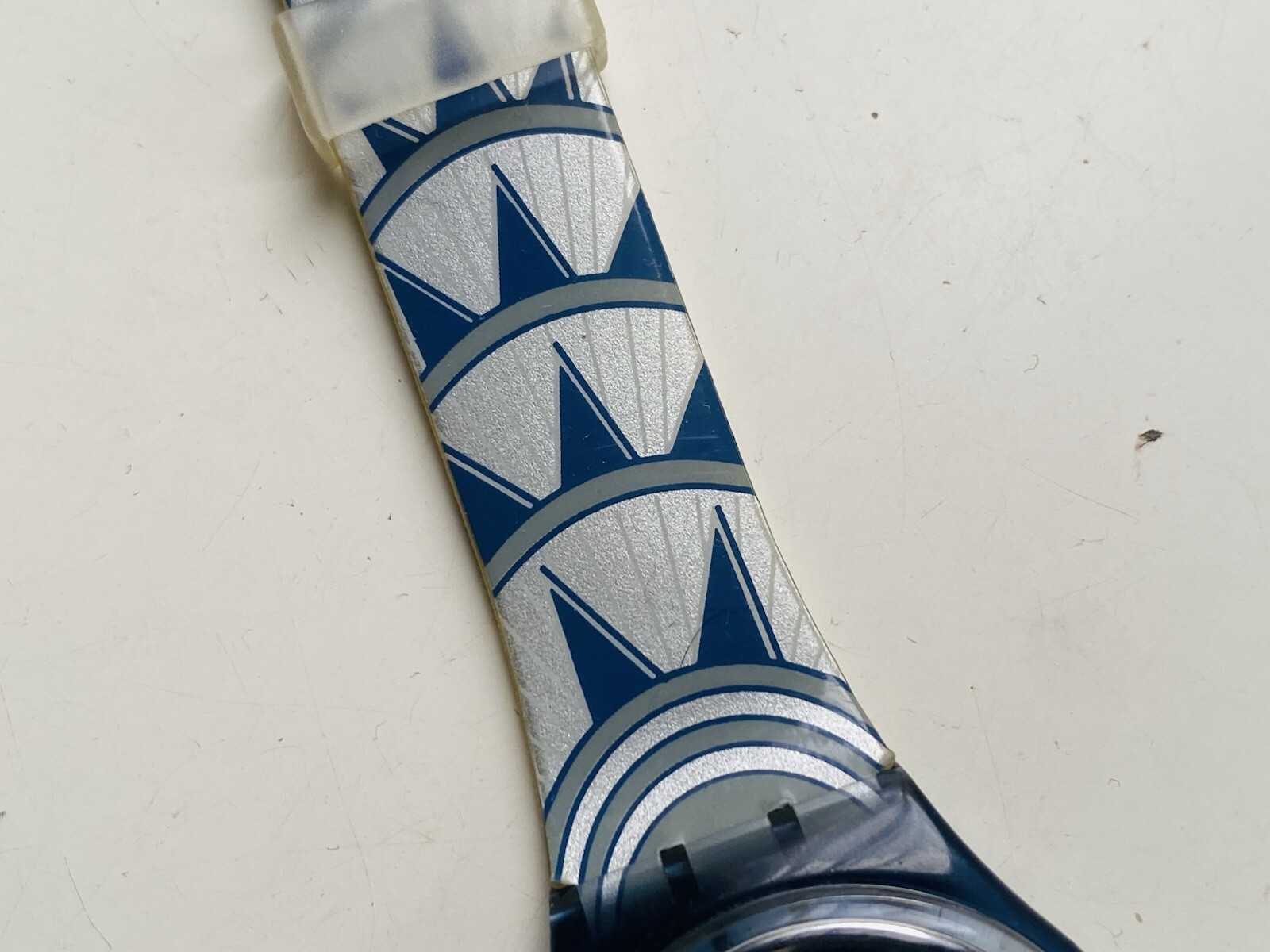 SWATCH DECOSCRAPER WATCH GP109U Boxed Blue White Swatch See Thru Mechanical