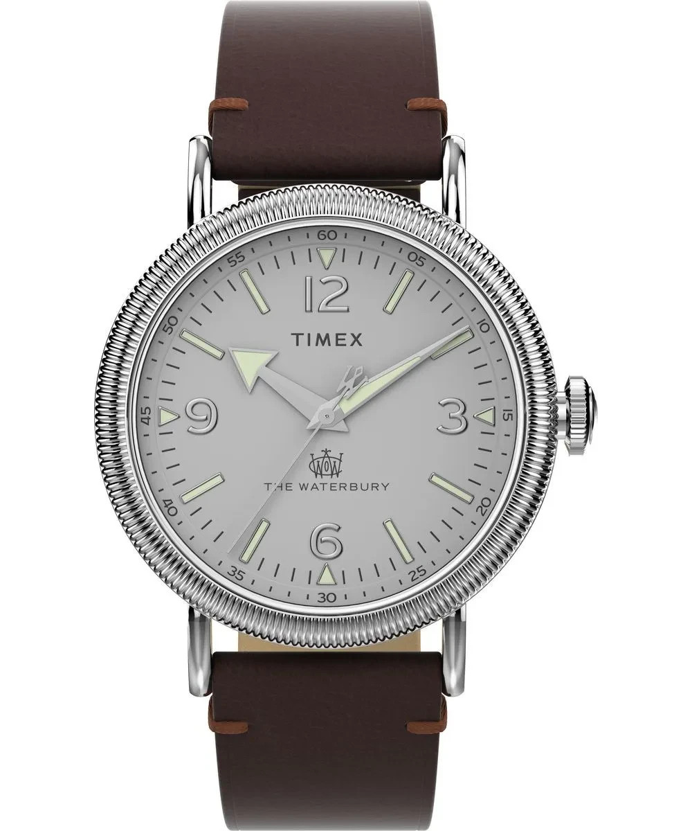 Timex Men’s Watch Waterbury Quartz Silver Dial Brown Leather Strap TW2W20300VQ