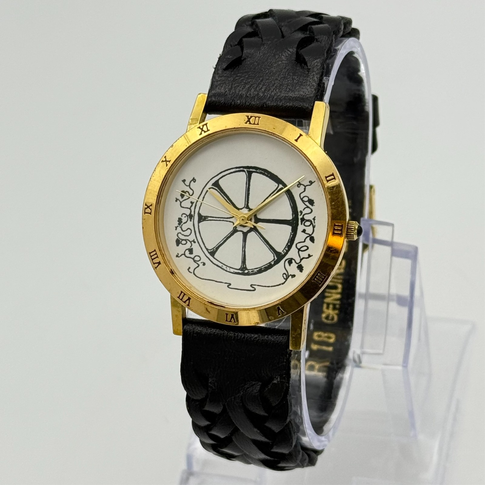 Unisex Wheel Logo Gold Tone Unique Advertising 33mm Watch, Braided Leather, Runs
