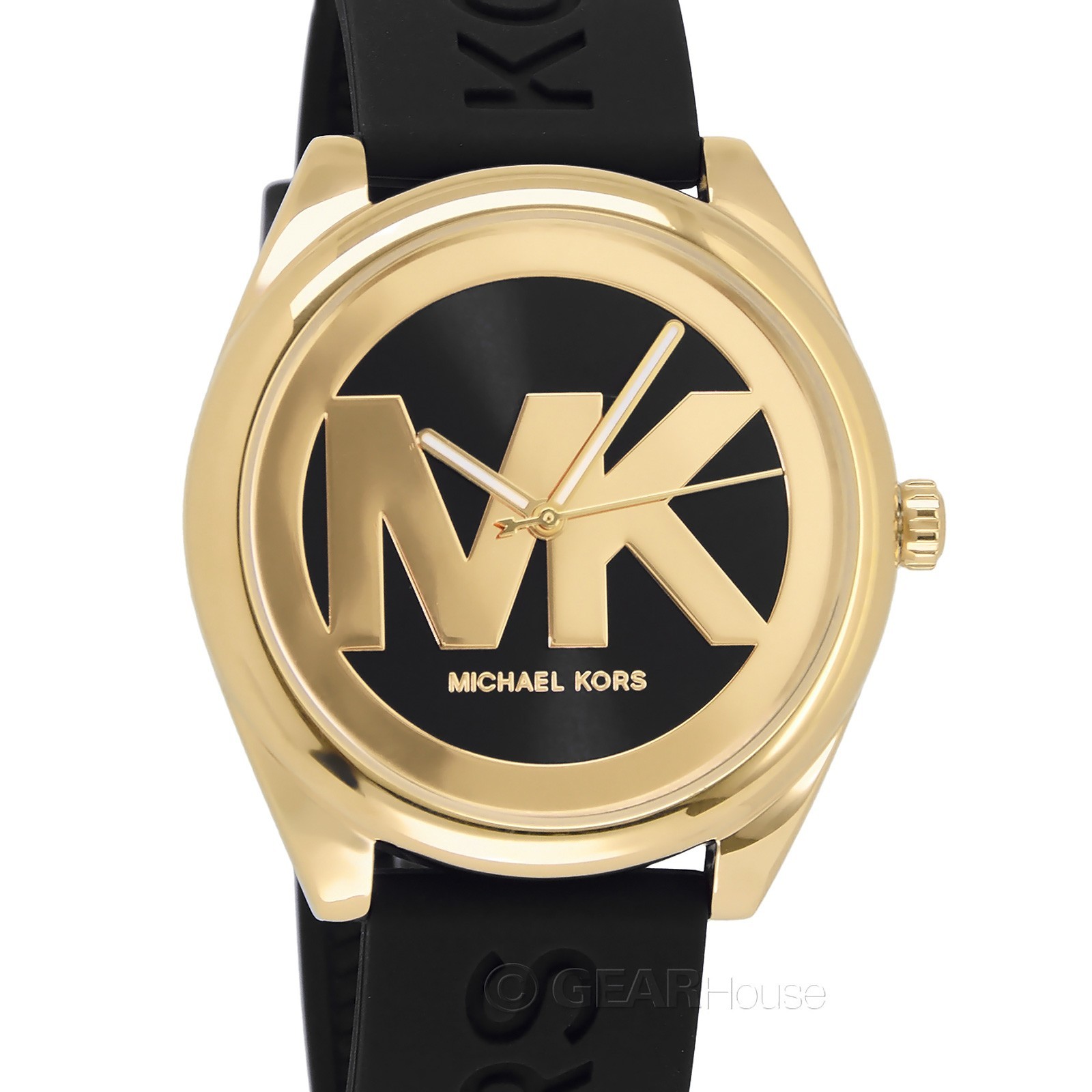 Michael Kors Womens Janelle Casual Watch, Gold MK Logo Dial, Black Silicone Band