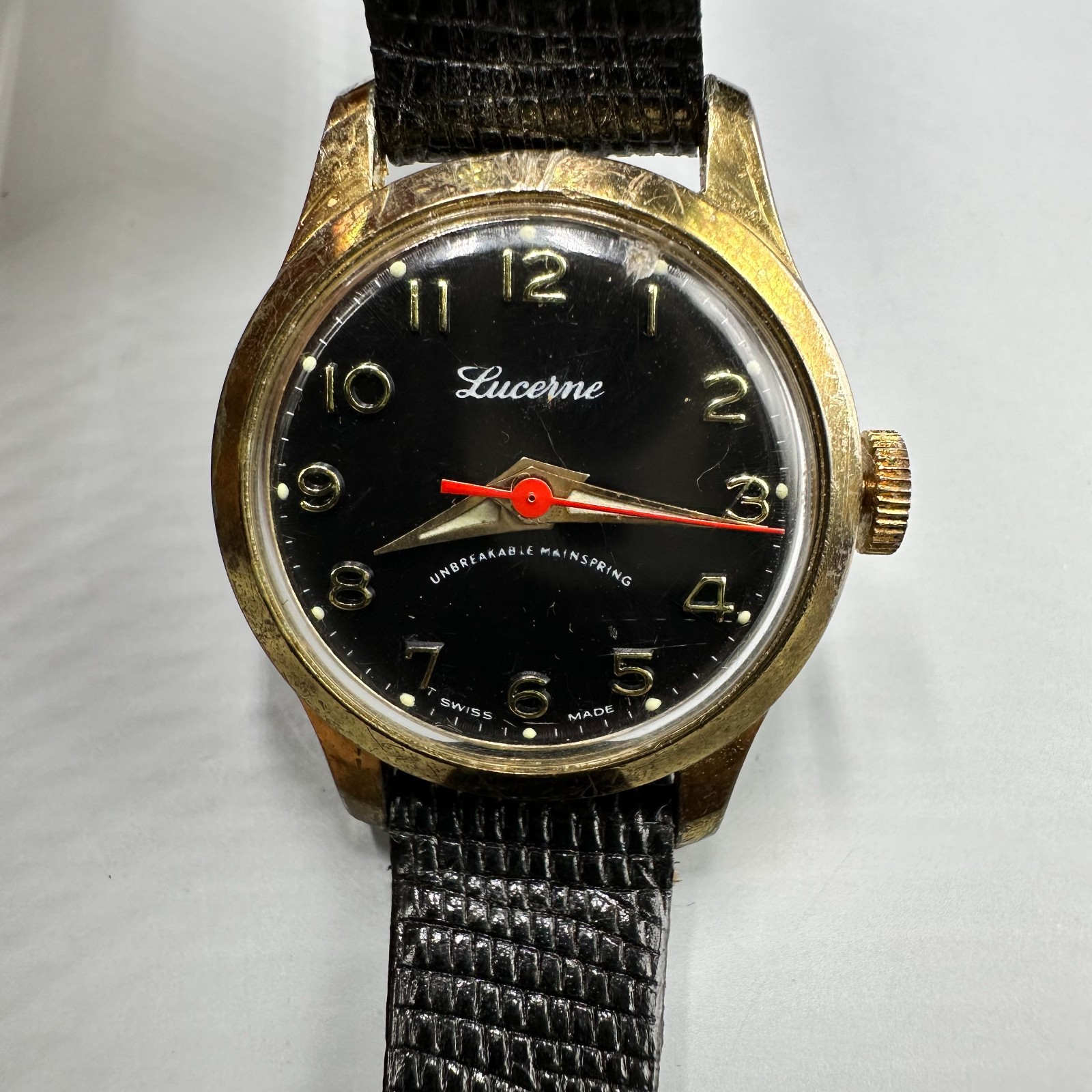 Vintage Lucerne Watch Women Gold Tone Black Leather Band Manual Wind 7.5