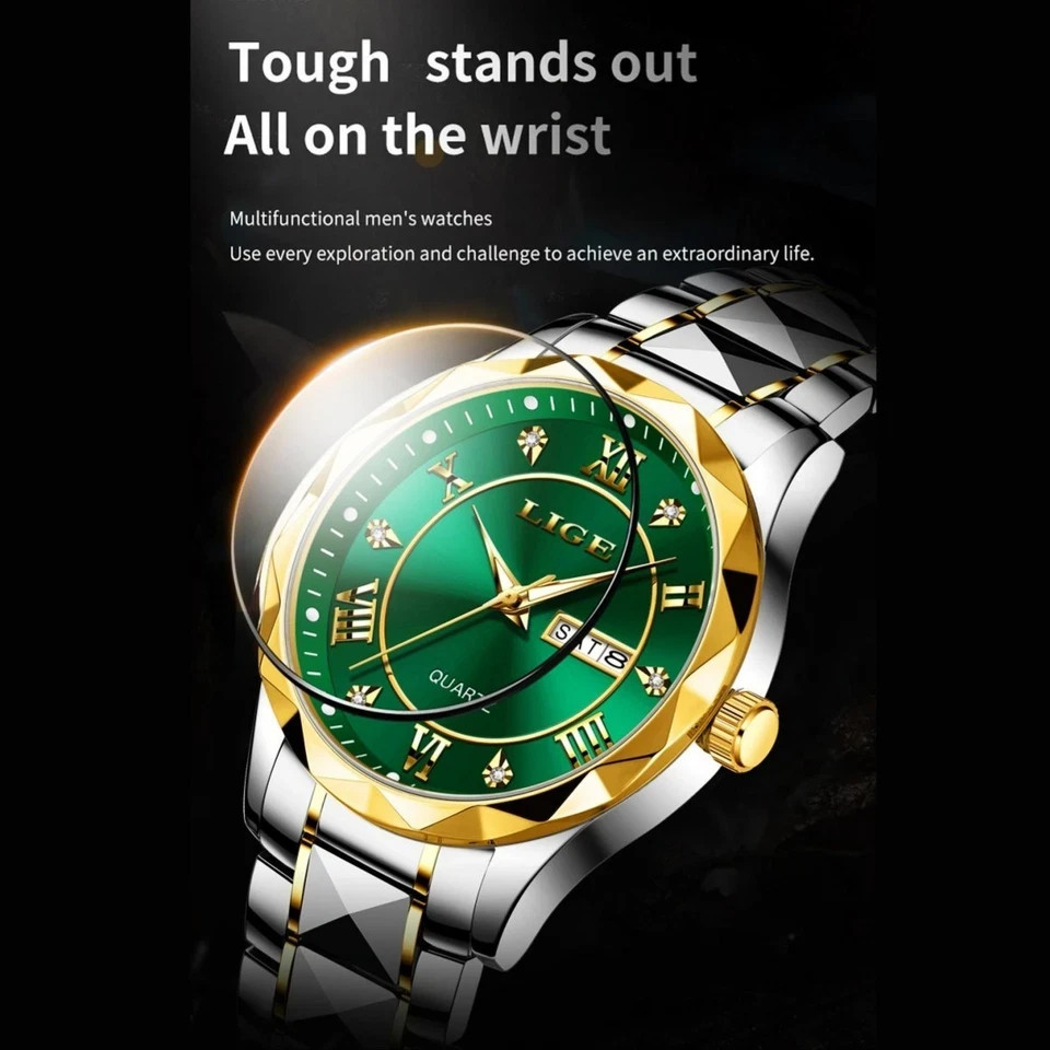 LIGE Luxury Quartz Men Watch Stainless Steel Date Waterproof Luminous Wristwatch