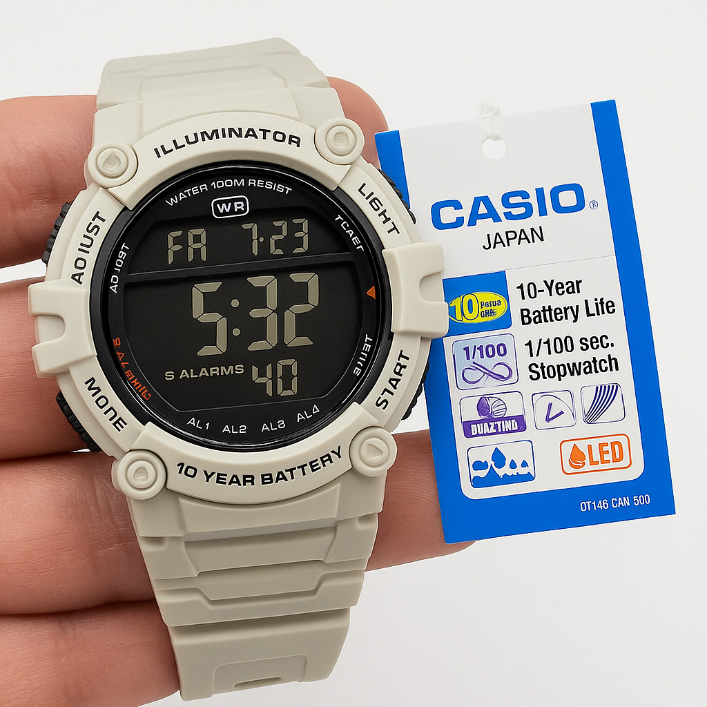 Casio Men’s Digital Sport Watch 10-Year Battery WR100M LED Light 5 Alarms AE-150