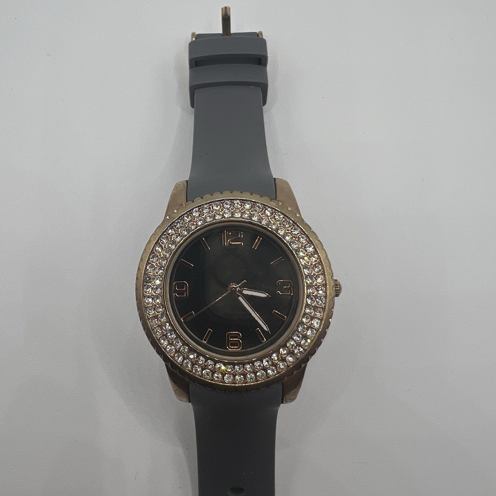 Shiny Mirror Dial Crystal Accent Gold Tone Case Gray Silicone Band Watch