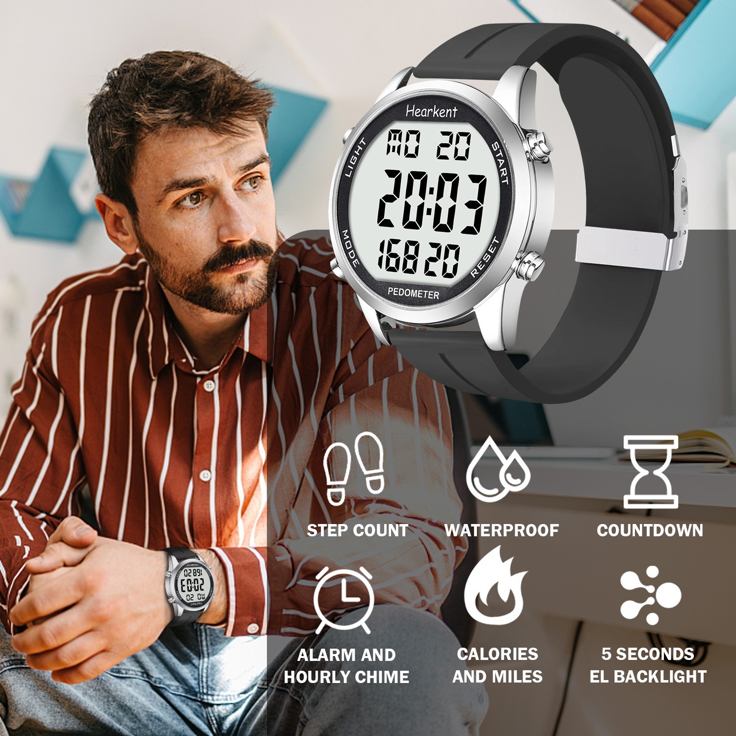 HEARKENT Men’s Fitness Tracking Sports Watch 3M Pedometer Step Calories Counter