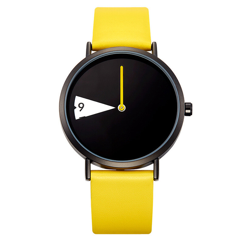 Stylish Women’s Leather Band Yellow Black White Triangle Round Face Quartz Watch