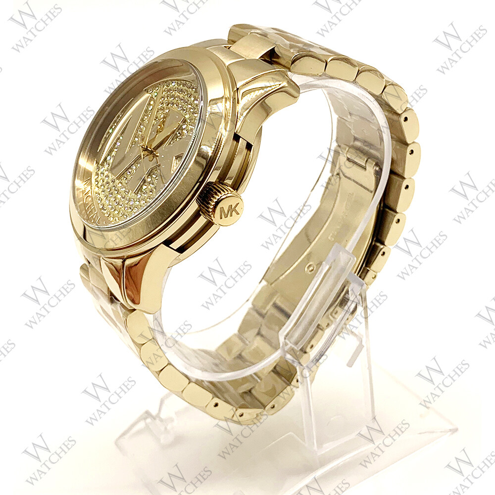 New Michael Kors MK5706 Runway Gold Dial Crystal Pave Gold Women’s Watch 45mm