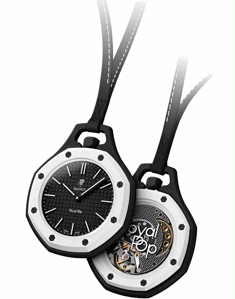Swatch Royal Pop Swiss Made Quartz Analog Octagon Black Dial Leather Strap