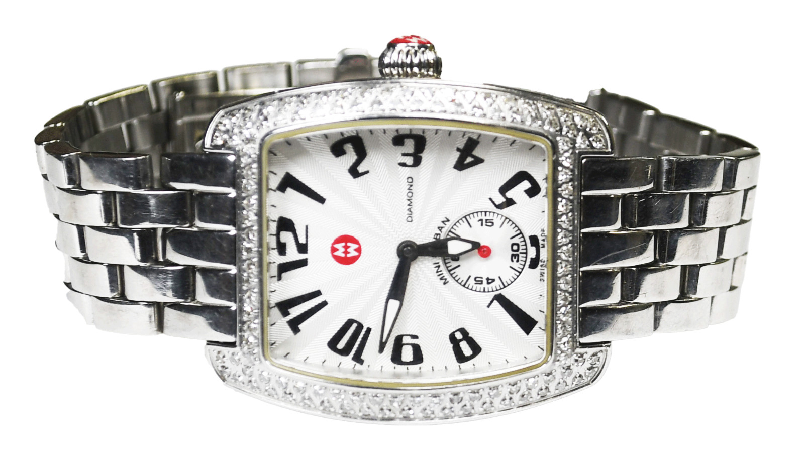 Women’s Michele Mini Urban Diamond Bezel Sunburst Silver Dial Watch 29mm