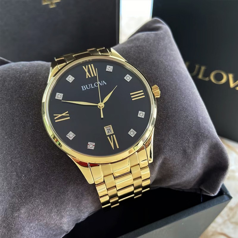Bulova Classic 97D108 Black Dial Gold Bracelet Men Quartz Watch 40MM New