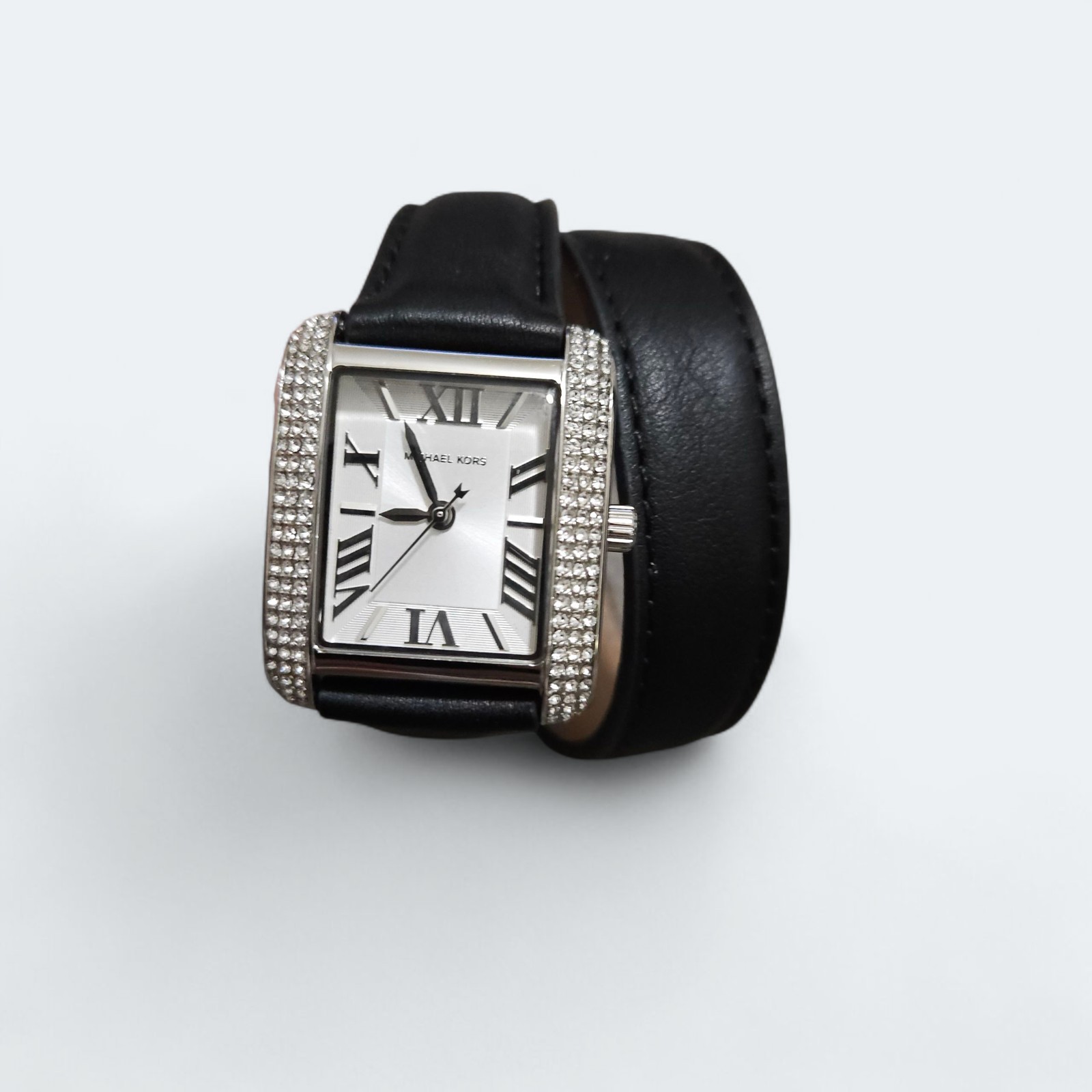 Michael Kors Mini Emery Double Wrap Black Leather Strap Watch Pave Accent MK2539