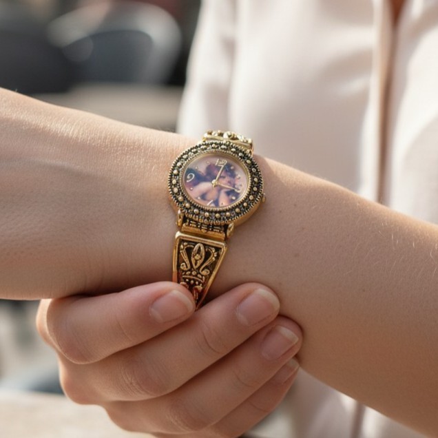 Vintage Whimsigoth Seiko SII Cherub Watch Celestial Angel Gold Tone Stretch 26mm