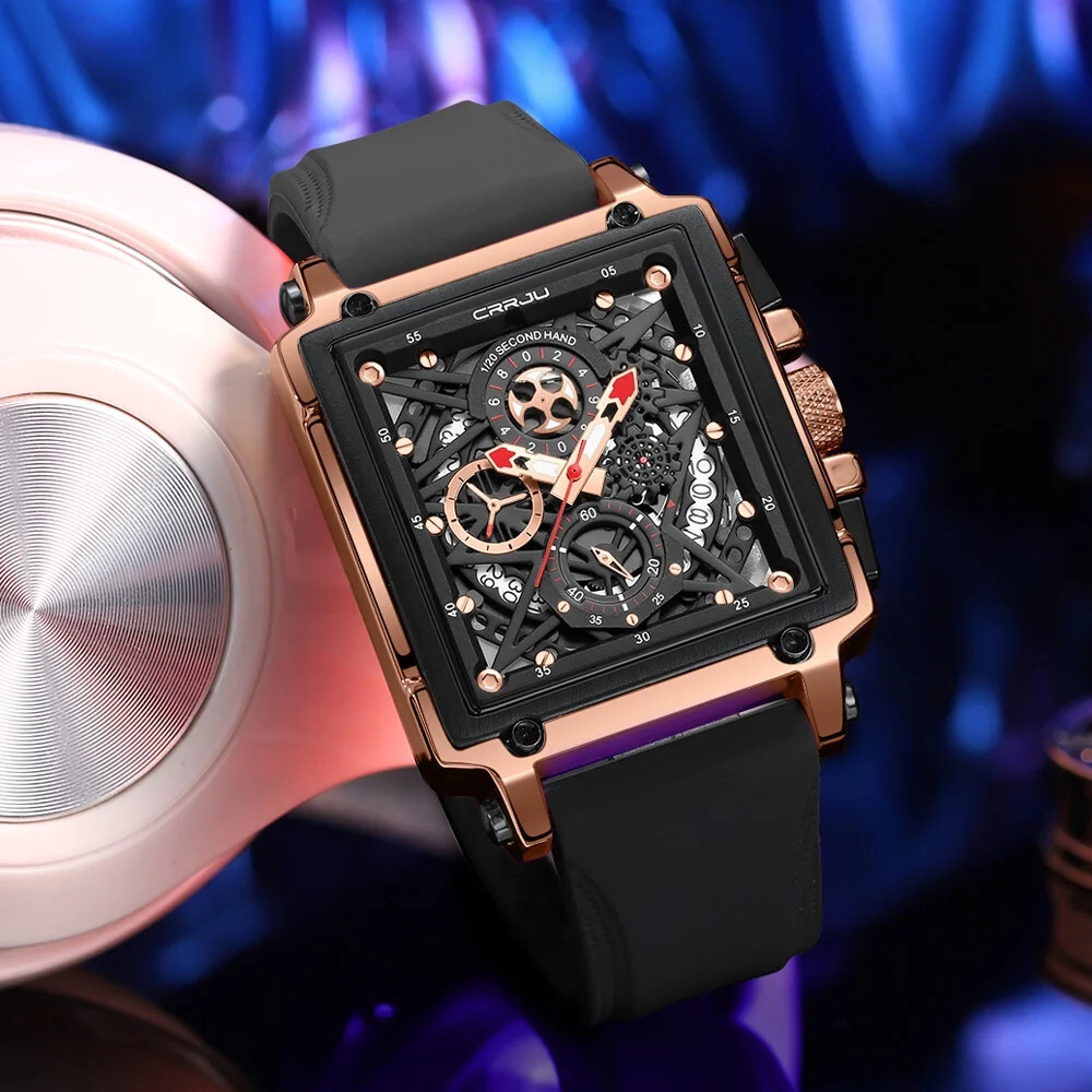 CRRJU Men Watch Luxury Brand Wristwatch Red Strap Male Rectangle Sport Watches